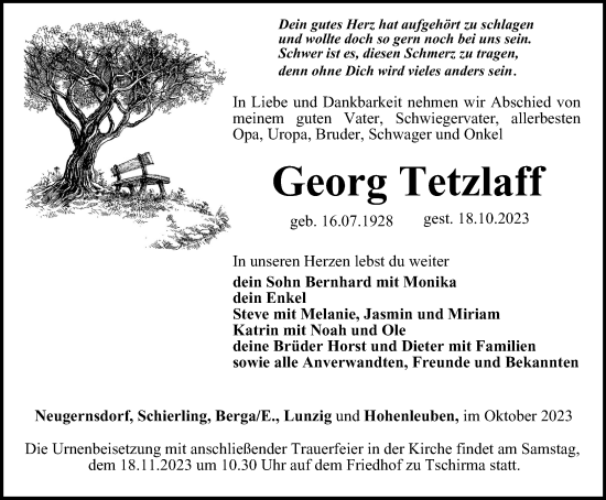Traueranzeige von Georg Tetzlaff