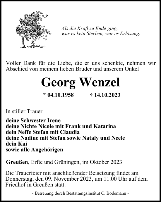 Traueranzeige von Georg Wenzel