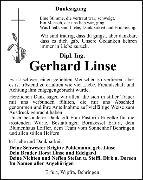 Traueranzeige von Gerhard Linse von Thüringer Allgemeine