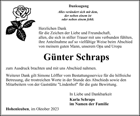 Traueranzeige von Günter Schraps von Ostthüringer Zeitung