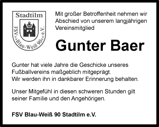 Traueranzeige von Gunter Baer von Thüringer Allgemeine