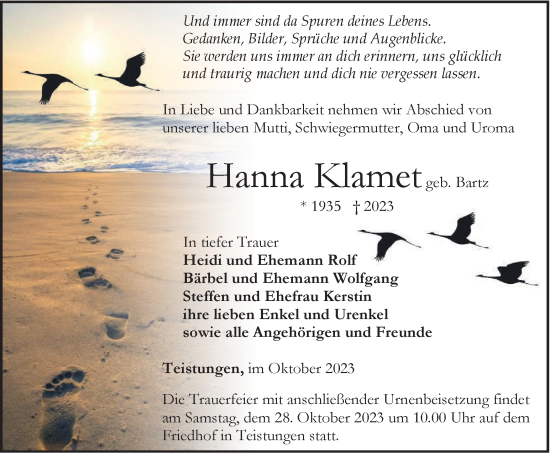 Traueranzeige von Hanna Klamet von Thüringer Allgemeine