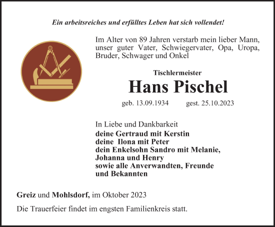 Traueranzeige von Hans Pischel