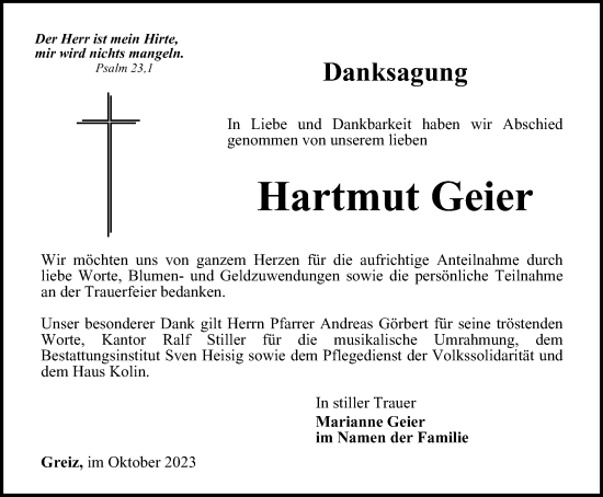 Traueranzeige von Hartmut Geier