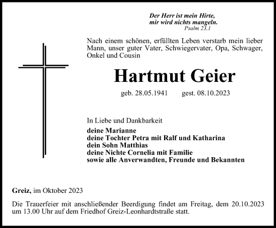 Traueranzeige von Hartmut Geier