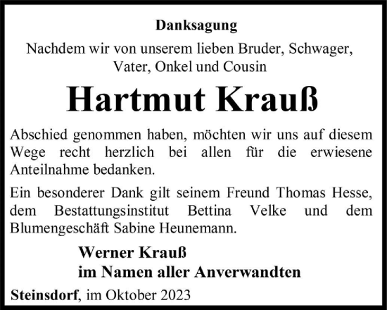 Traueranzeige von Hartmut Krauß von Ostthüringer Zeitung