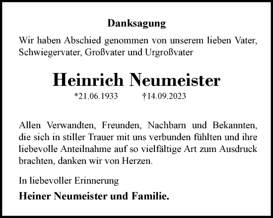 Traueranzeige von Heinrich Neumeister von Ostthüringer Zeitung