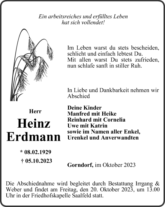 Traueranzeige von Heinz Erdmann von Ostthüringer Zeitung