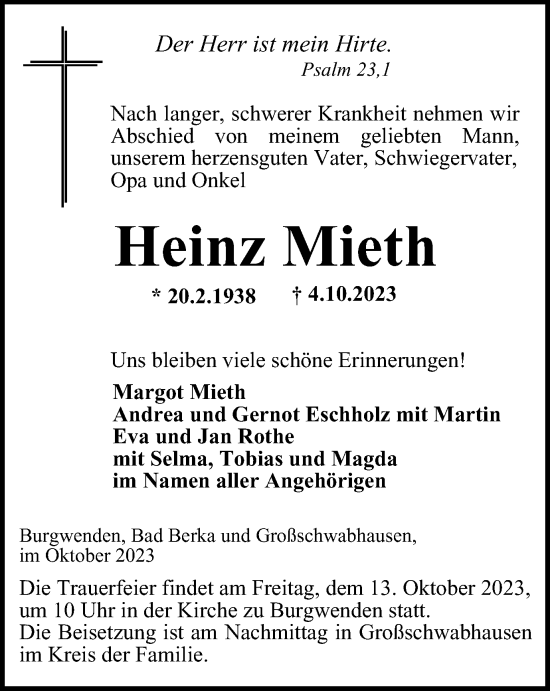 Traueranzeige von Heinz Mieth von Thüringer Allgemeine