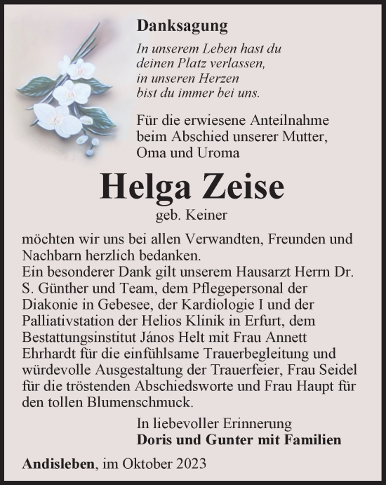 Traueranzeige von Helga Zeise von Thüringer Allgemeine, Thüringische Landeszeitung