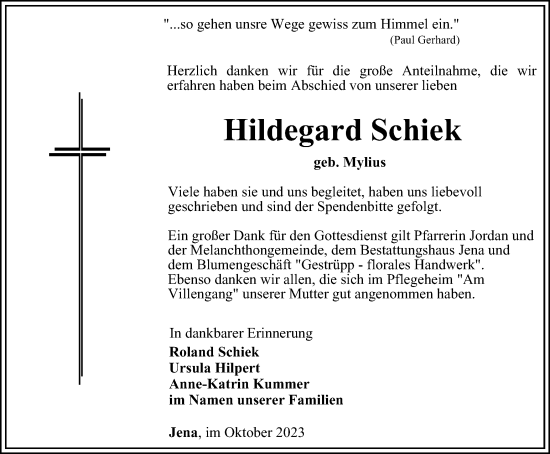 Traueranzeige von Hildegard Schiek von Ostthüringer Zeitung, Thüringische Landeszeitung