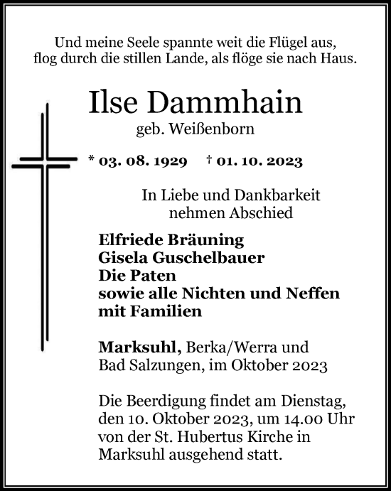 Traueranzeige von Ilse Dammhain von Thüringer Allgemeine, Thüringische Landeszeitung