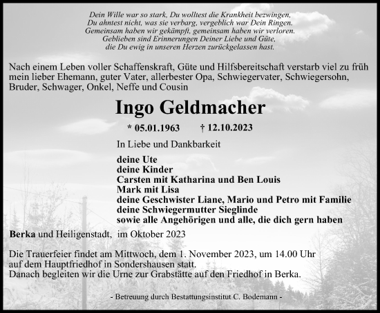 Traueranzeige von Ingo Geldmacher