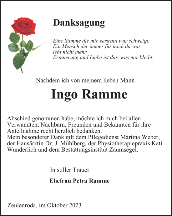 Traueranzeige von Ingo Ramme von Ostthüringer Zeitung