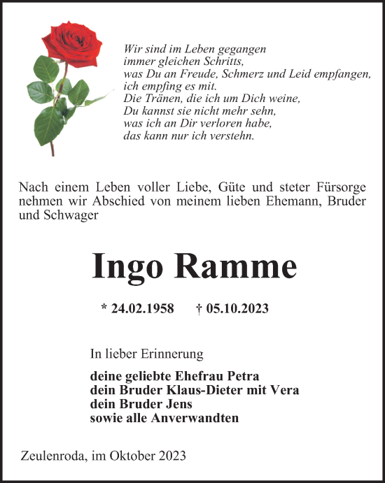 Traueranzeige von Ingo Ramme von Ostthüringer Zeitung