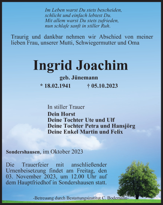 Traueranzeige von Ingrid Joachim