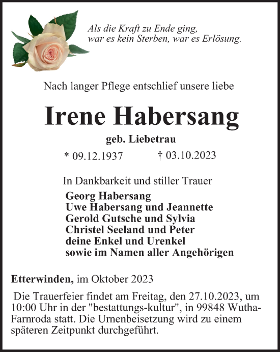 Traueranzeige von Irene Habersang von Thüringer Allgemeine, Thüringische Landeszeitung