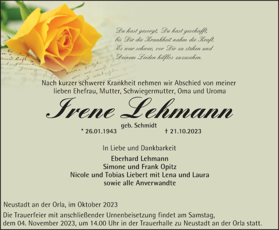 Traueranzeige von Irene Lehmann