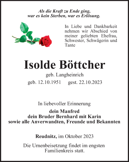 Traueranzeige von Isolde Böttcher