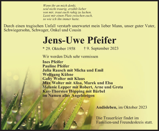 Traueranzeige von Jens-Uwe Pfeifer von Thüringer Allgemeine, Thüringische Landeszeitung