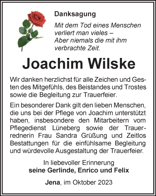 Traueranzeige von Joachim Wilske von Ostthüringer Zeitung, Thüringische Landeszeitung