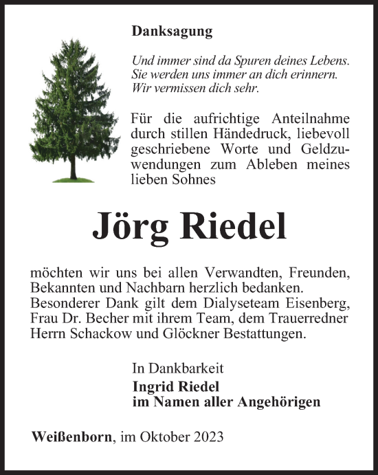 Traueranzeige von Jörg Riedel von Ostthüringer Zeitung