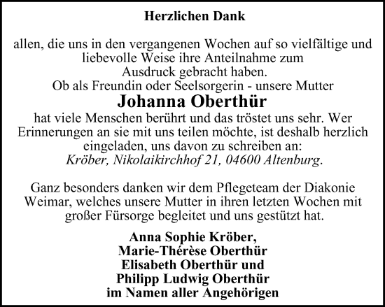 Traueranzeige von Johanna Oberthür von Thüringer Allgemeine, Thüringische Landeszeitung