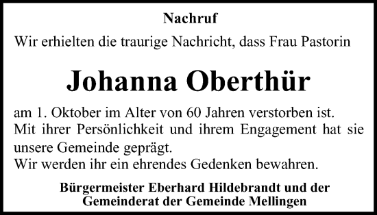 Traueranzeige von Johanna Oberthür von Thüringer Allgemeine, Thüringische Landeszeitung