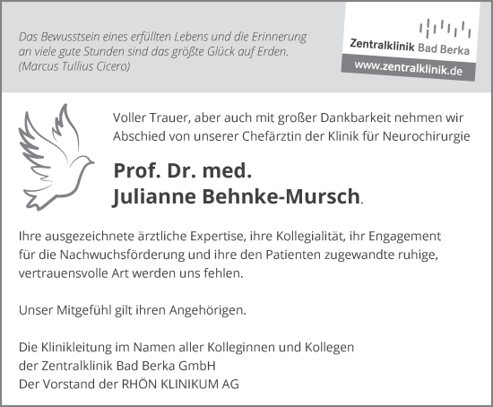 Traueranzeige von Julianne Behnke-Mursch von Thüringer Allgemeine, Thüringische Landeszeitung