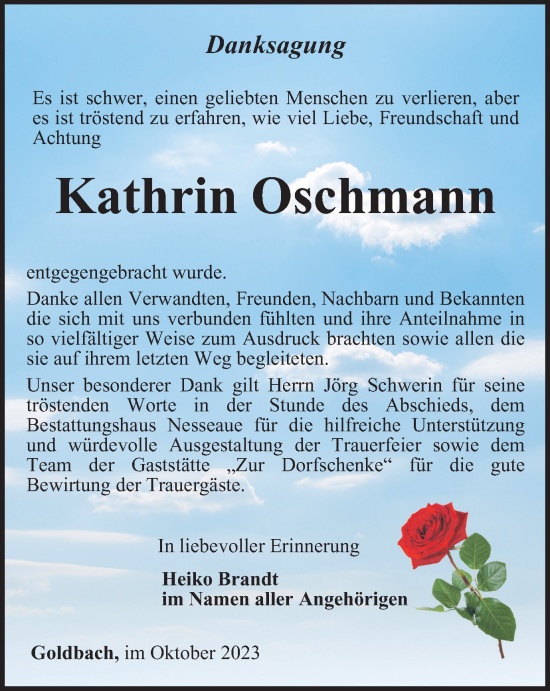 Traueranzeige von Kathrin Oschmann von Thüringer Allgemeine, Thüringische Landeszeitung