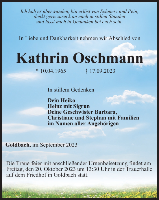 Traueranzeige von Kathrin Oschmann von Thüringer Allgemeine, Thüringische Landeszeitung