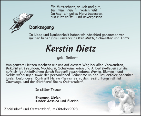 Traueranzeige von Kerstin Dietz von Ostthüringer Zeitung