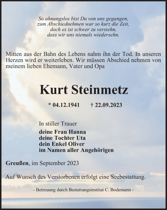 Traueranzeige von Kurt Steinmetz