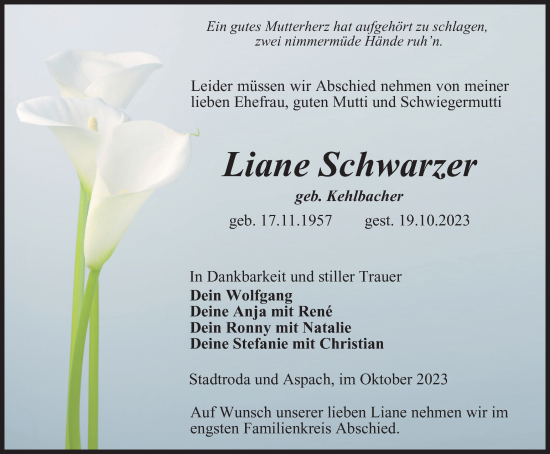 Traueranzeige von Liane Schwarzer von Ostthüringer Zeitung