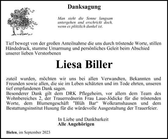 Traueranzeige von Liesa Biller von Thüringer Allgemeine