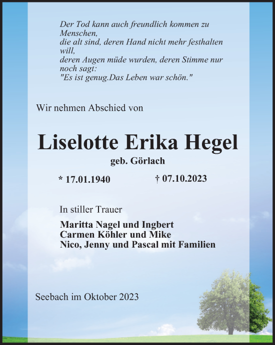 Traueranzeige von Liselotte Erika Hegel von Thüringer Allgemeine, Thüringische Landeszeitung