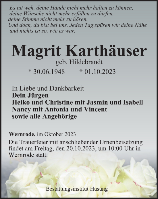Traueranzeige von Magrit Karthäuser von Thüringer Allgemeine