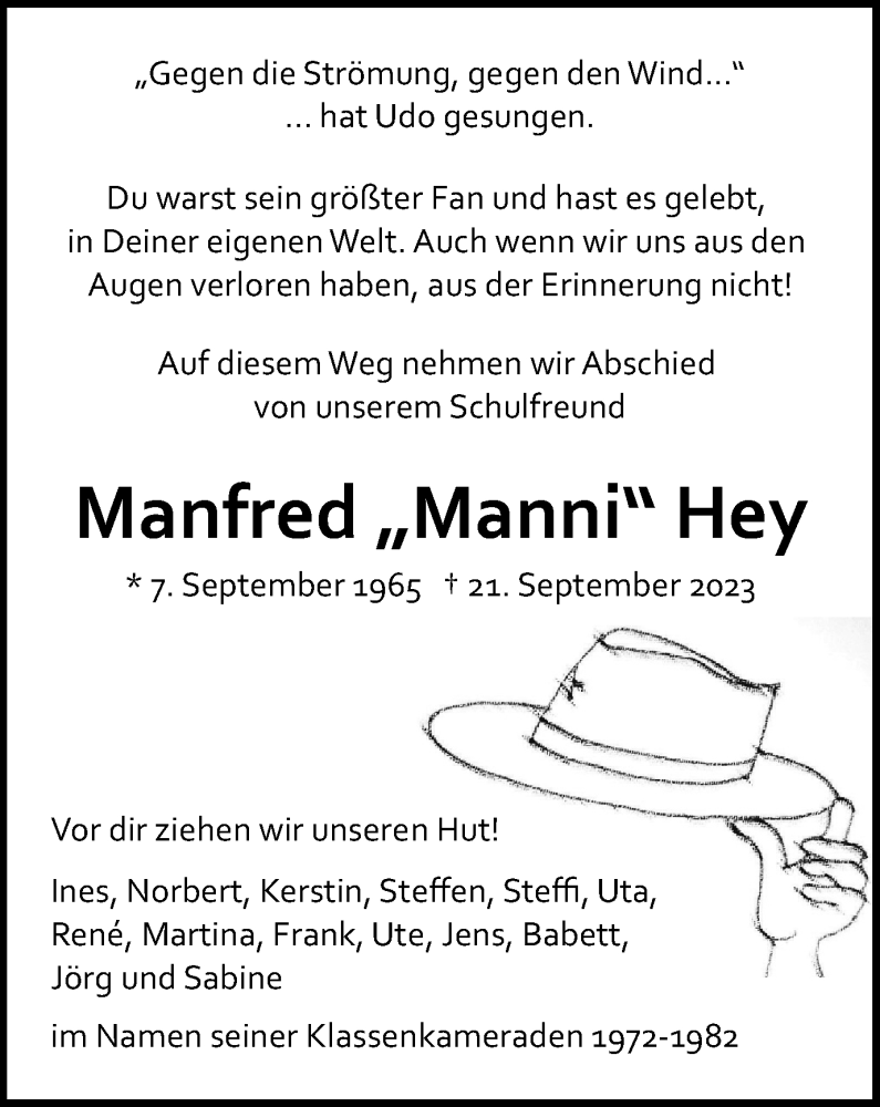  Traueranzeige für Manfred Hey vom 21.10.2023 aus Thüringer Allgemeine, Thüringische Landeszeitung