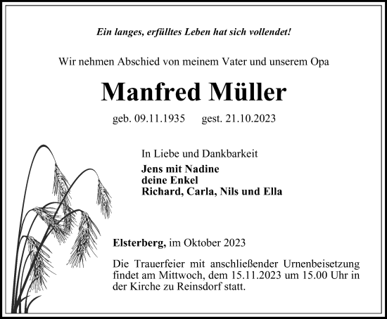 Traueranzeige von Manfred Müller