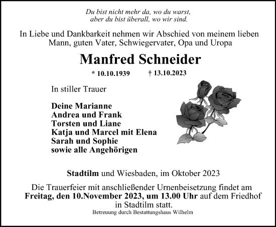 Traueranzeige von Manfred Schneider von Thüringer Allgemeine