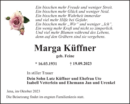 Traueranzeige von Marga Küffner von Ostthüringer Zeitung, Thüringische Landeszeitung