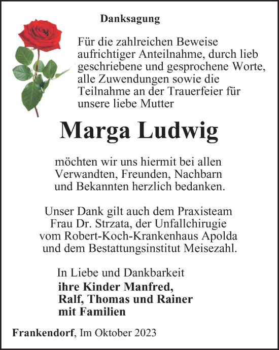 Traueranzeige von Marga Ludwig von Thüringer Allgemeine, Thüringische Landeszeitung