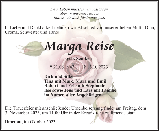 Traueranzeige von Marga Reise von Thüringer Allgemeine