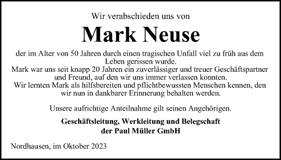 Traueranzeige von Mark Neuse von Thüringer Allgemeine