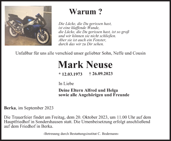 Traueranzeige von Mark Neuse von Thüringer Allgemeine