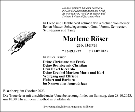 Traueranzeige von Marlene Röser von Thüringer Allgemeine