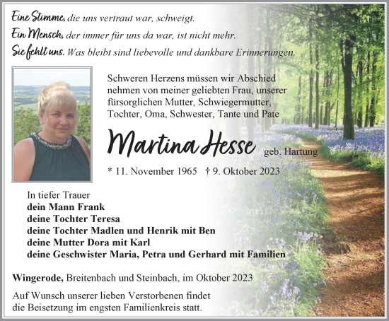 Traueranzeige von Martina Hesse von Thüringer Allgemeine