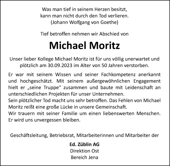 Traueranzeigen von Michael Moritz trauerinthueringen.de