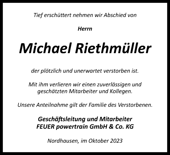 Traueranzeige von Michael Riethmüller von Thüringer Allgemeine