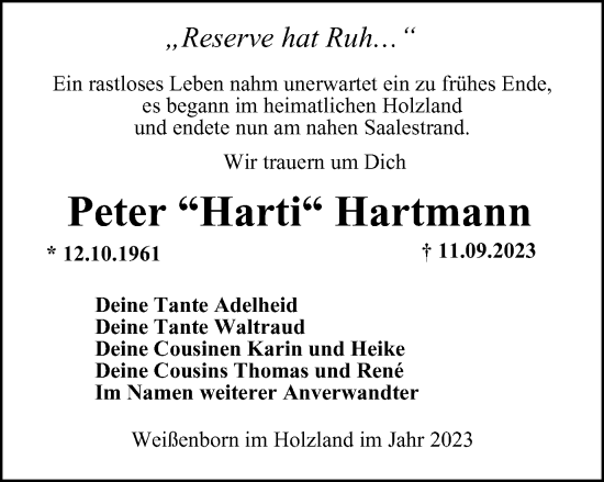 Traueranzeige von Peter Hartmann von Ostthüringer Zeitung